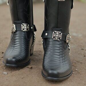 New Men Silver Chain Black Faux Leather Cross Charms Biker Boot 2 Straps Pair